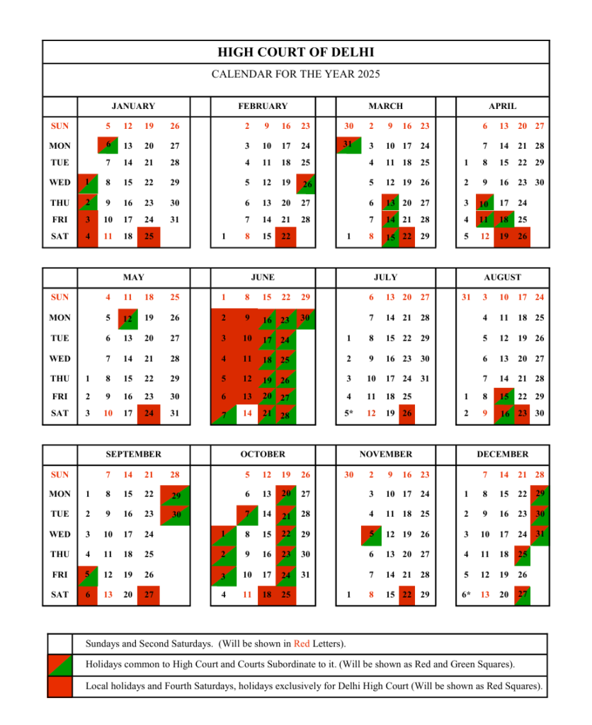 Delhi High Court Calender 2025